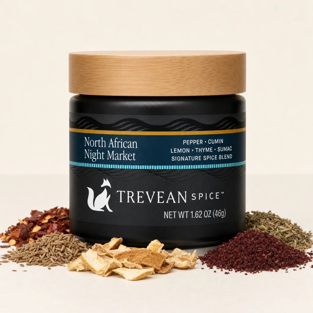 North African Night Market spice blend, 46 g, in a black jar with bamboo lid and its featured ingredients