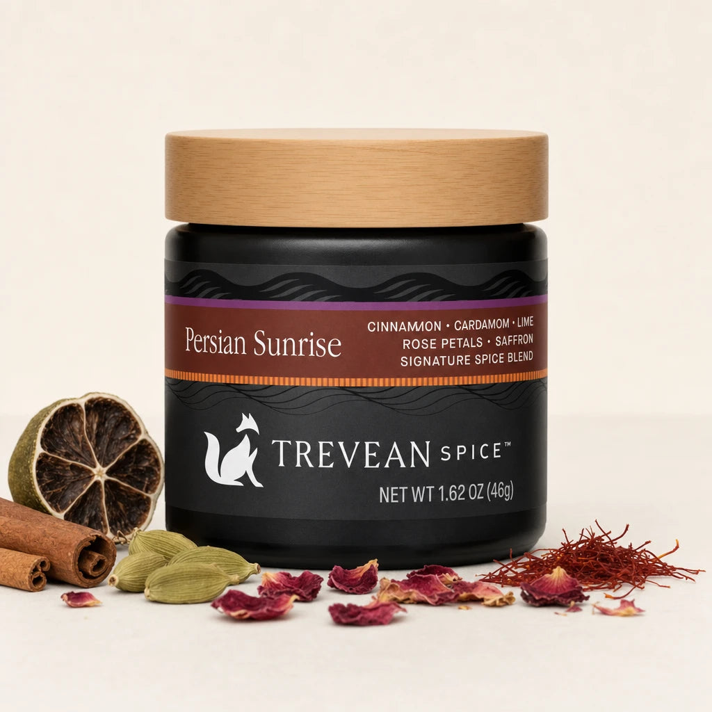 Persian Sunrise spice blend, 46 g, in a black jar with bamboo lid and its featured ingredients