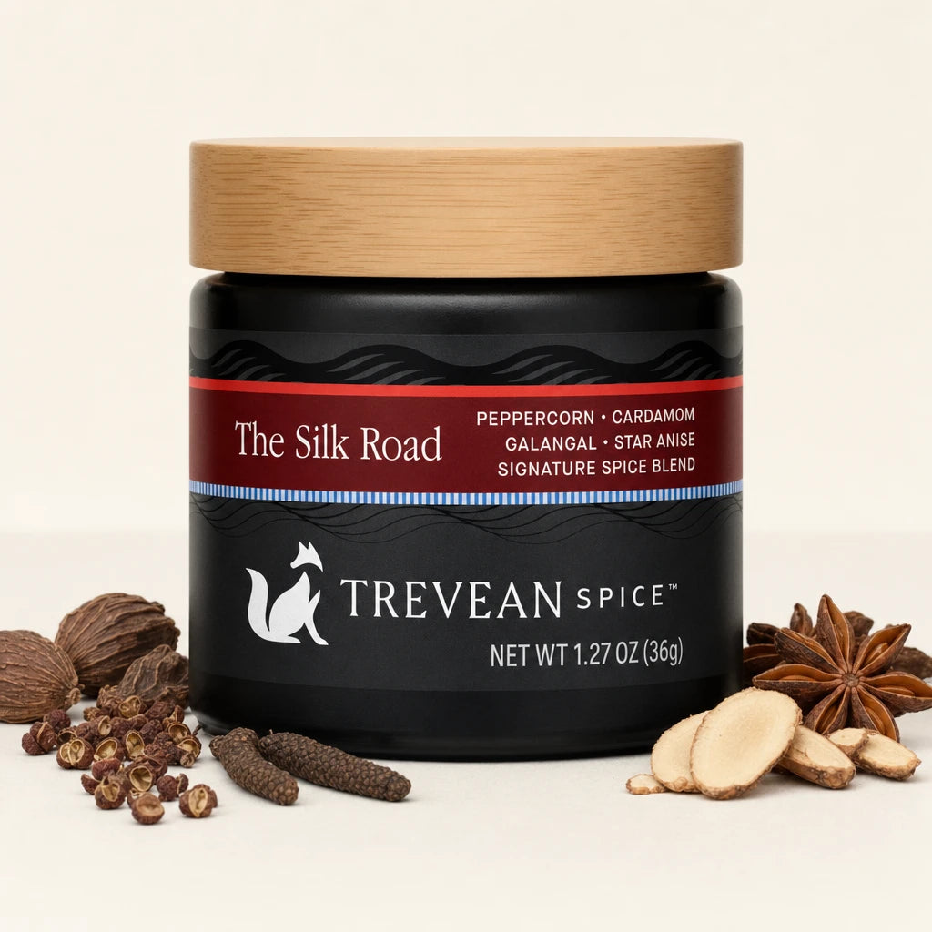 The Silk Road spice blend, 36 g, in a black jar with bamboo lid and its featured ingredients